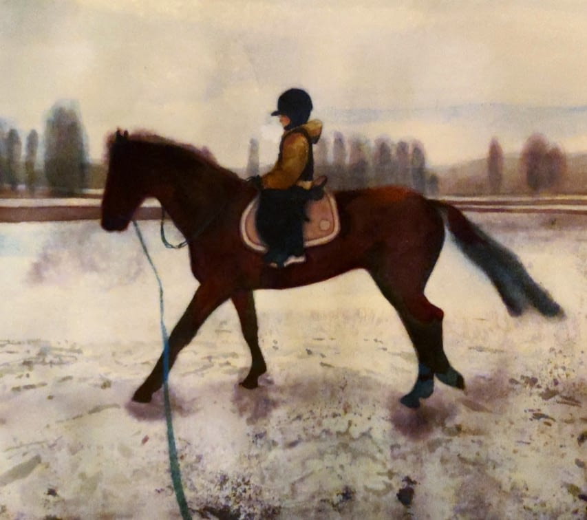 Veera Tammisen vesivärityö hevosesta ja ratsastajasta. Painting of Veera Tamminen horse and rider